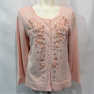 Nine West Women Cardigan Sweater L Romantic Beaded Ribbons Embroidery Peach